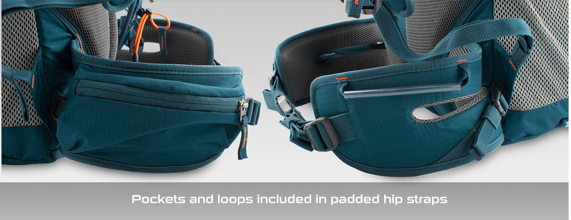 Pockets and loops included in padded hip straps