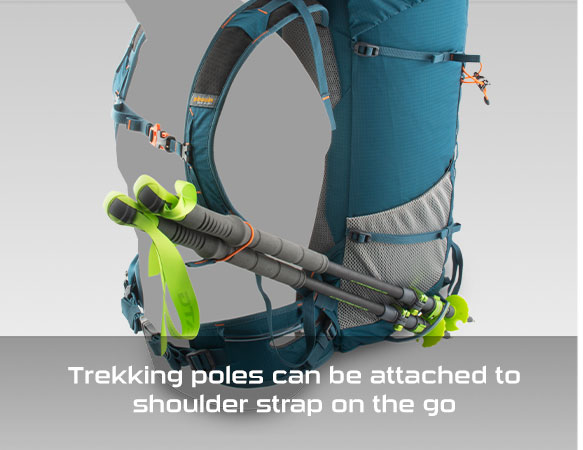 Trekking poles can be attached to shoulder strap on the go