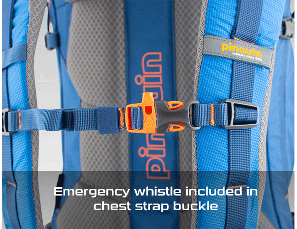 Emergency whistle included in chest strap buckle