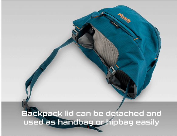 Backpack lid can be detached and used as handbag or hipbag easily