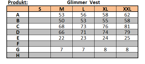 Velikostní tabulka vesty Glimmer Vest