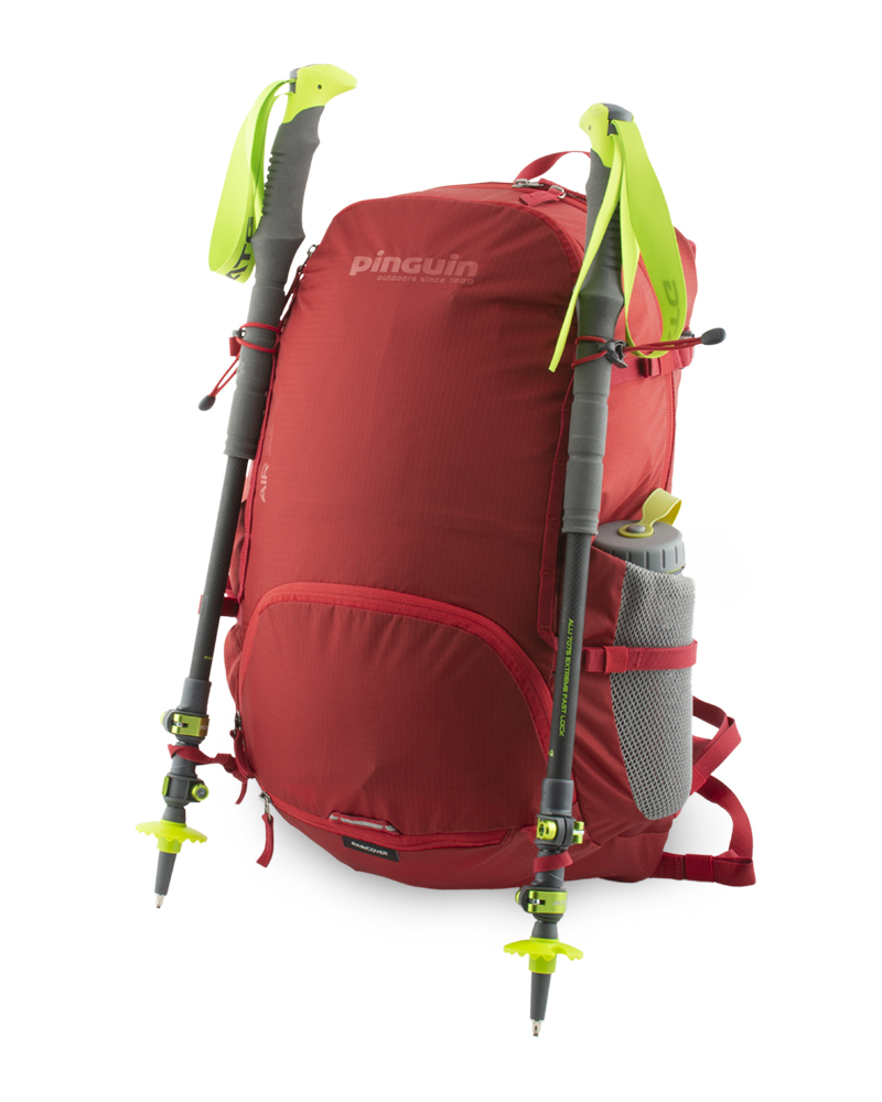 Elastic loops with hooks for attaching telescopic poles and loops at the bottom of the backpack.