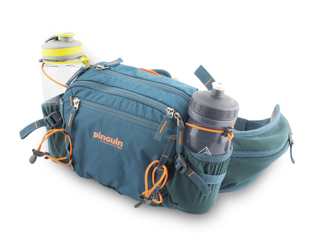 Hip bag - Side pockets made of stretch material with flexible loops for safe transport of bottles during any activity.