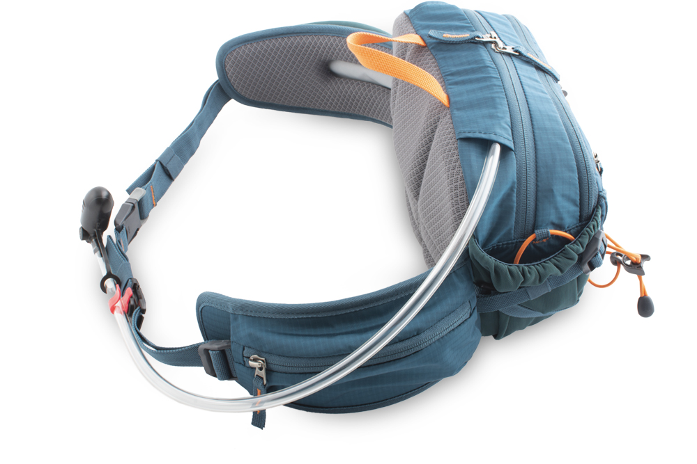 Hip bag - Water bag hose or earphone outlet at the top of the bag.