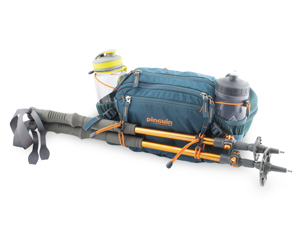 Hip bag - Pair of vertical chains with elastic loops for horizontal fixing of trekking poles and for attaching additional equipment.