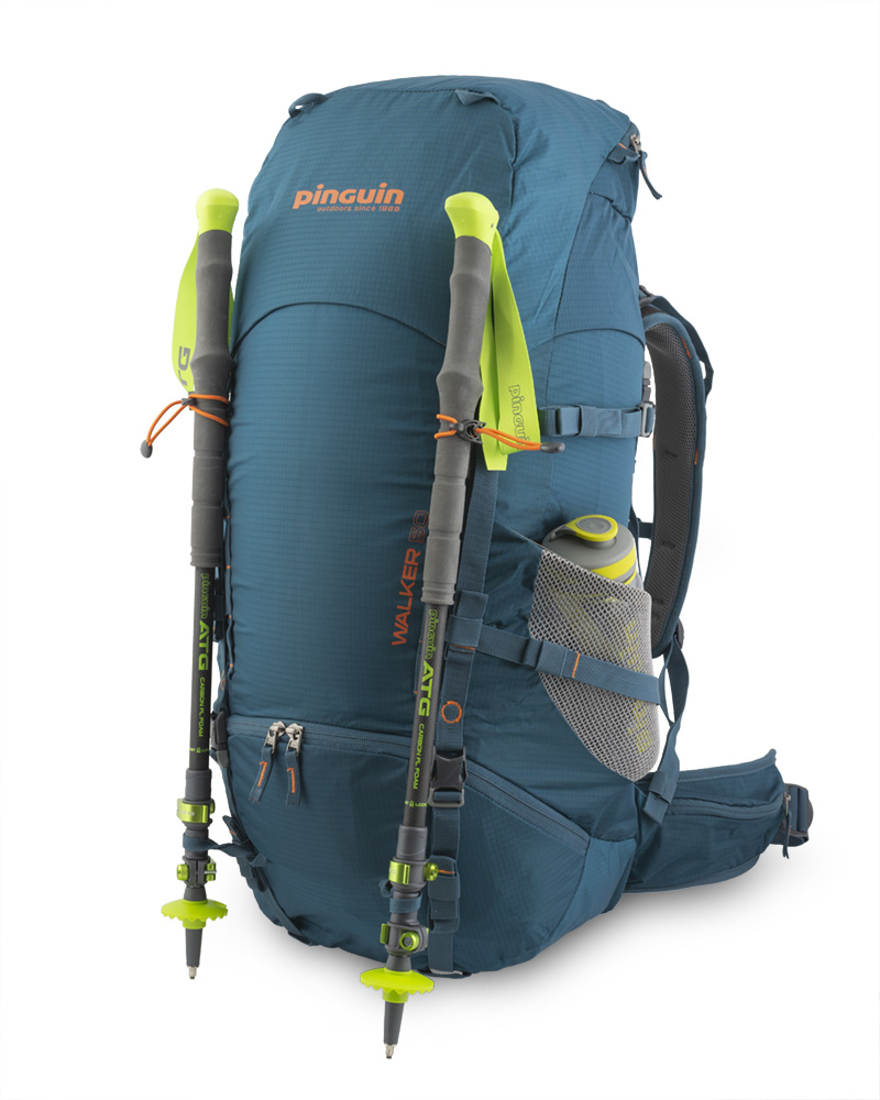 Walker 50 petrol - Elastic loops with hooks and loops on the bottom of the backpack for attaching trekking poles on the front side.  Spacious mesh side pockets for bottles.