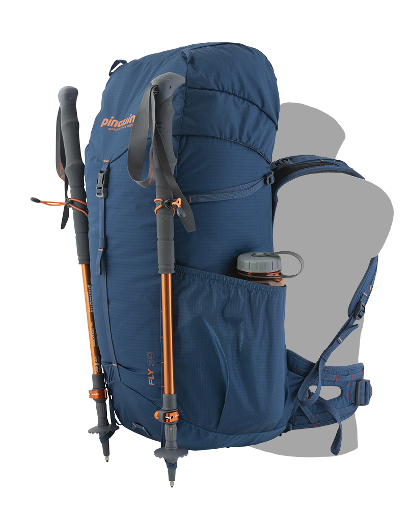 Fly 30 petrol - elastic loops with hooks for attaching trekking poles on the front and loops on the bottom of the pack